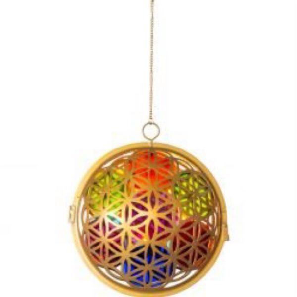 Glass & Metal Oval Lantern - Flower of Life Chakra